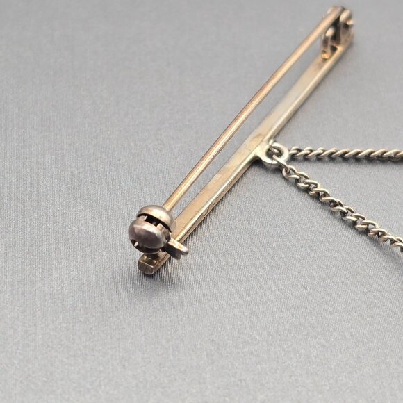 Antique 835 Silver Repousse Horn Brooch 2" Dangling Chain Rose Cut Gemstones - Picture 6 of 10